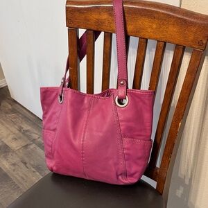 Fossil Pink Leather Large Slouchy Hobo Tote Shoulder Bag w/ Canvas Lined Straps